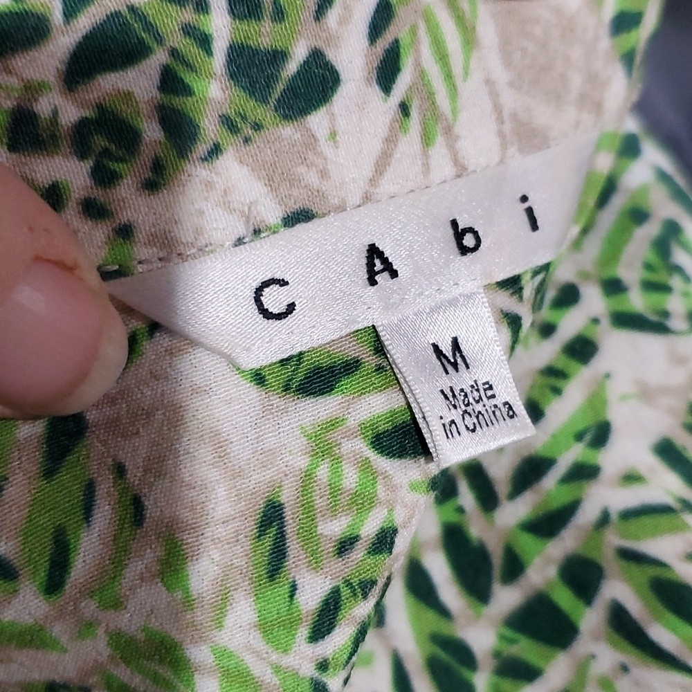 Cabi 3/4 sleeve faux wrap green tan leaf pattern mini dress - Picture 7 of 8